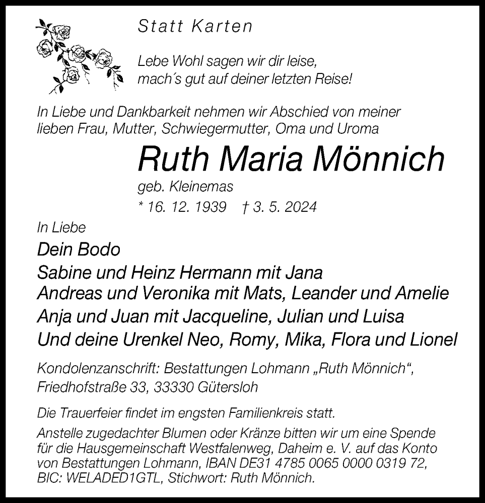  Traueranzeige für Ruth Maria Mönnich vom 22.05.2024 aus Neue Westfälische