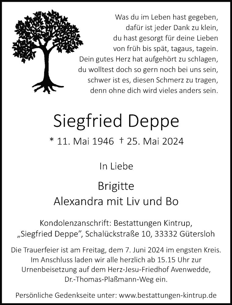  Traueranzeige für Siegfried Deppe vom 29.05.2024 aus Neue Westfälische