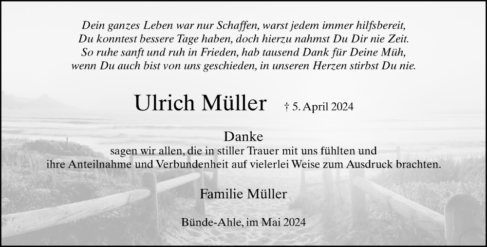  Traueranzeige für Ulrich Müller vom 18.05.2024 aus Neue Westfälische