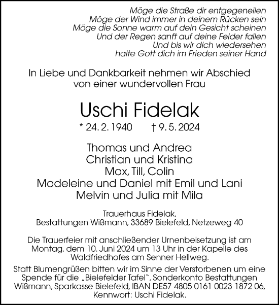 Traueranzeige von Uschi Fidelak von Neue Westfälische