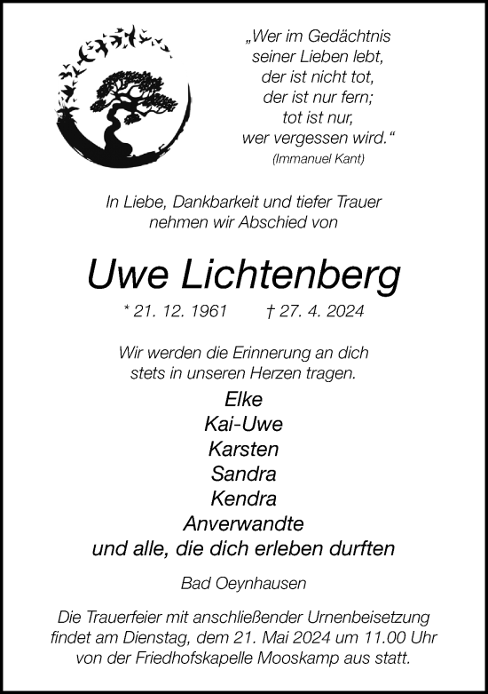 Traueranzeige von Uwe Lichtenberg von Neue Westfälische