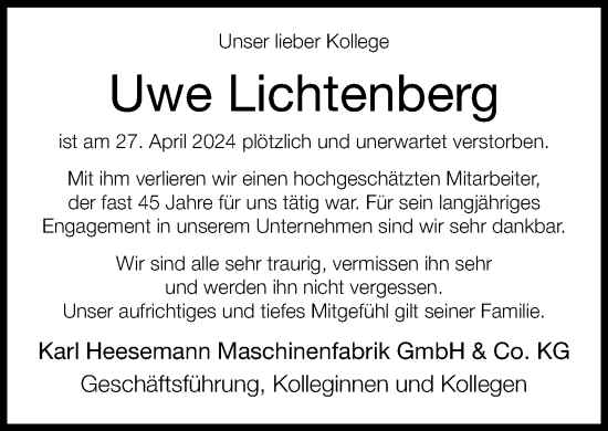 Traueranzeige von Uwe Lichtenberg von Neue Westfälische