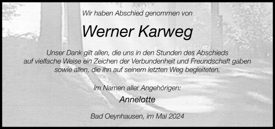 Traueranzeige von Werner Karweg von Neue Westfälische