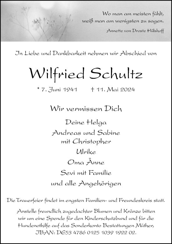 Traueranzeige von Wilfried Schultz von Neue Westfälische
