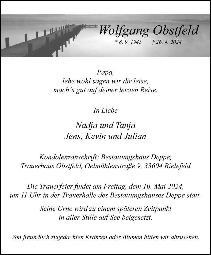  Traueranzeige für Wolfgang Obstfeld vom 04.05.2024 aus Neue Westfälische