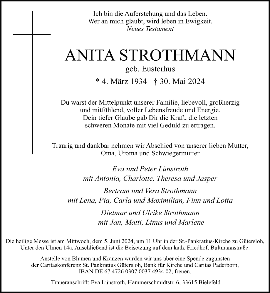  Traueranzeige für Anita Strothmann vom 01.06.2024 aus Neue Westfälische