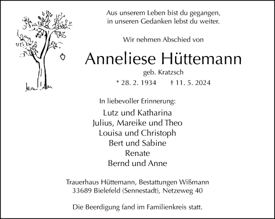 Traueranzeige von Anneliese Hüttemann von Neue Westfälische