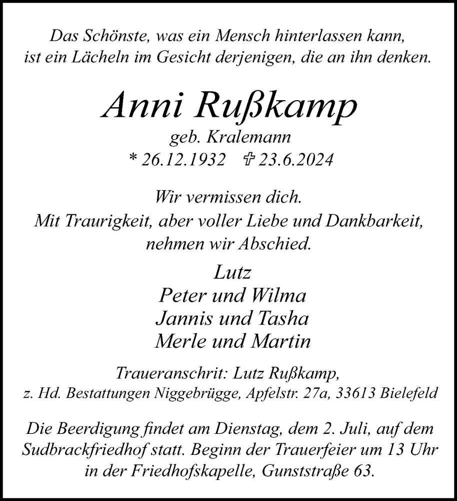  Traueranzeige für Anni Rußkamp vom 29.06.2024 aus Neue Westfälische