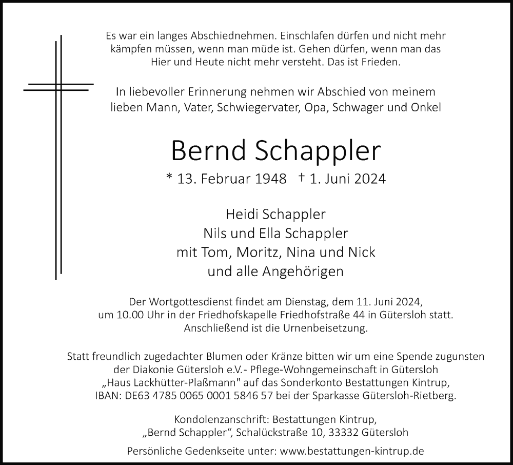  Traueranzeige für Bernd Schappler vom 07.06.2024 aus Neue Westfälische
