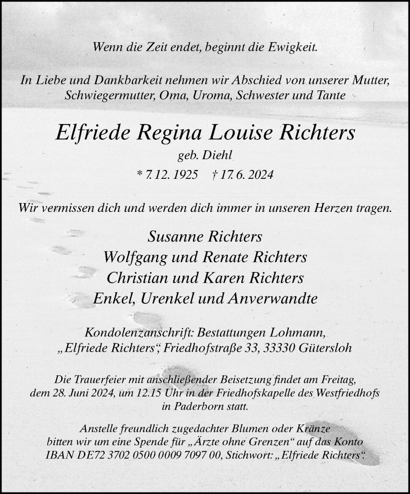  Traueranzeige für Elfriede Regina Louise Richters vom 22.06.2024 aus Neue Westfälische
