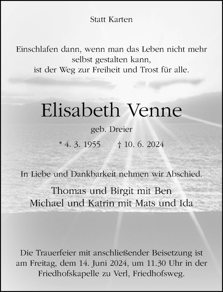  Traueranzeige für Elisabeth Venne vom 12.06.2024 aus Neue Westfälische