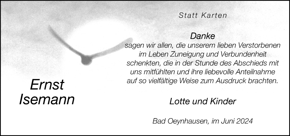  Traueranzeige für Ernst Isemann vom 29.06.2024 aus Neue Westfälische
