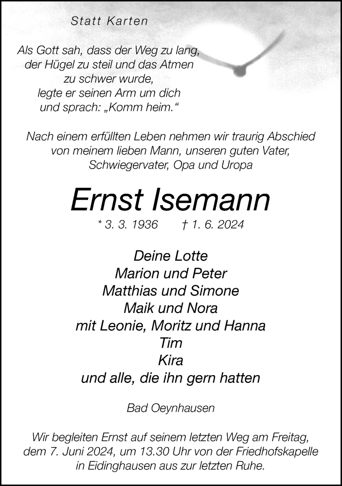  Traueranzeige für Ernst Isemann vom 05.06.2024 aus Neue Westfälische