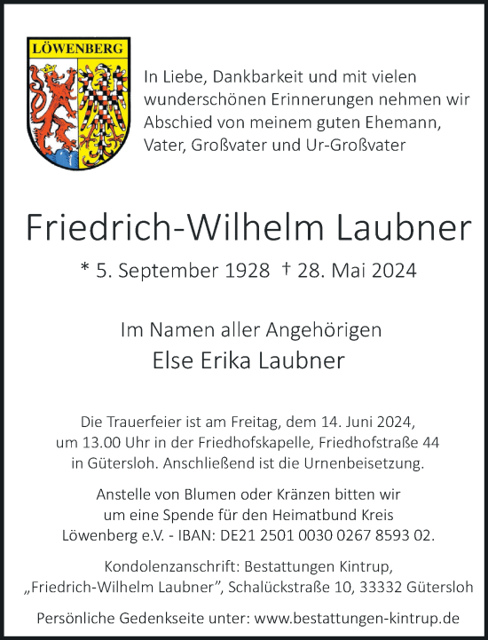 Traueranzeige von Friedrich-Wilhelm Laubner von Neue Westfälische