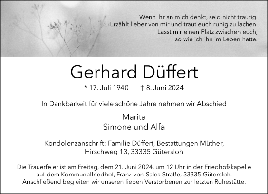 Traueranzeige von Gerhard Düffert von Neue Westfälische