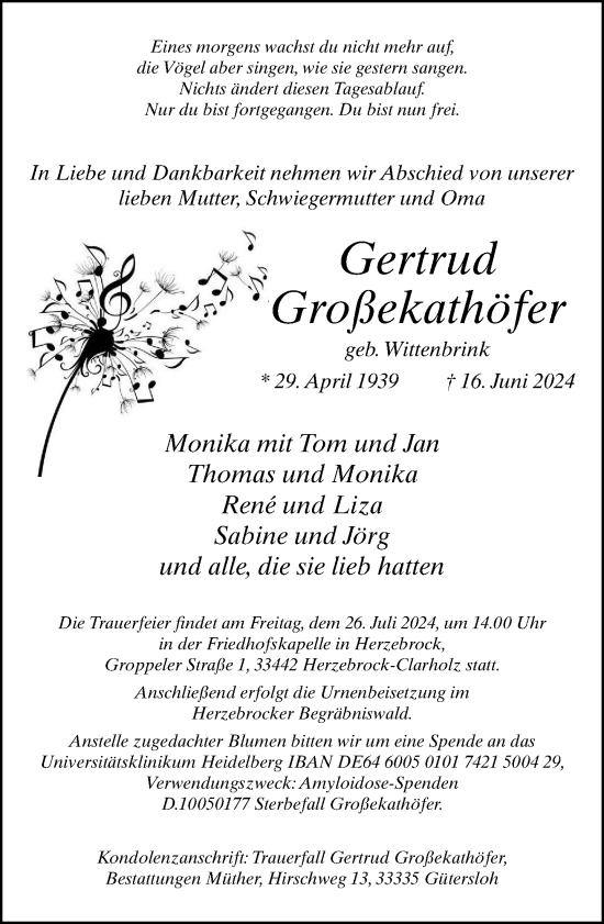 Traueranzeige von Gertrud Großekathöfer von Neue Westfälische