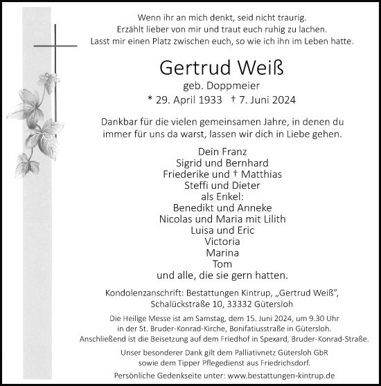 Traueranzeige von Gertrud Weiß von Neue Westfälische