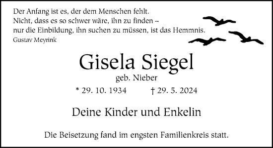 Traueranzeige von Gisela Siegel von Neue Westfälische