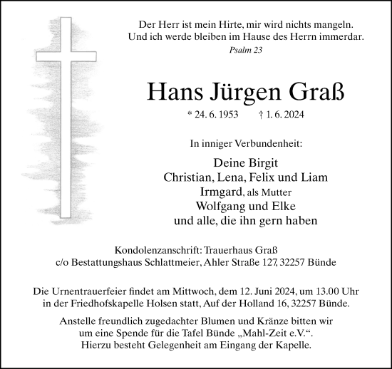Traueranzeige von Hans Jürgen Graß von Neue Westfälische