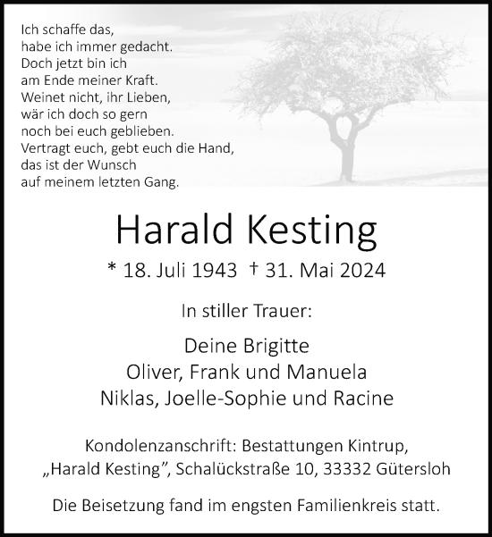 Traueranzeige von Harald Kesting von Neue Westfälische