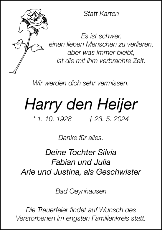 Traueranzeige von Harry den Heijer von Neue Westfälische