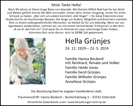 Traueranzeige von Hella Grünjes von Neue Westfälische