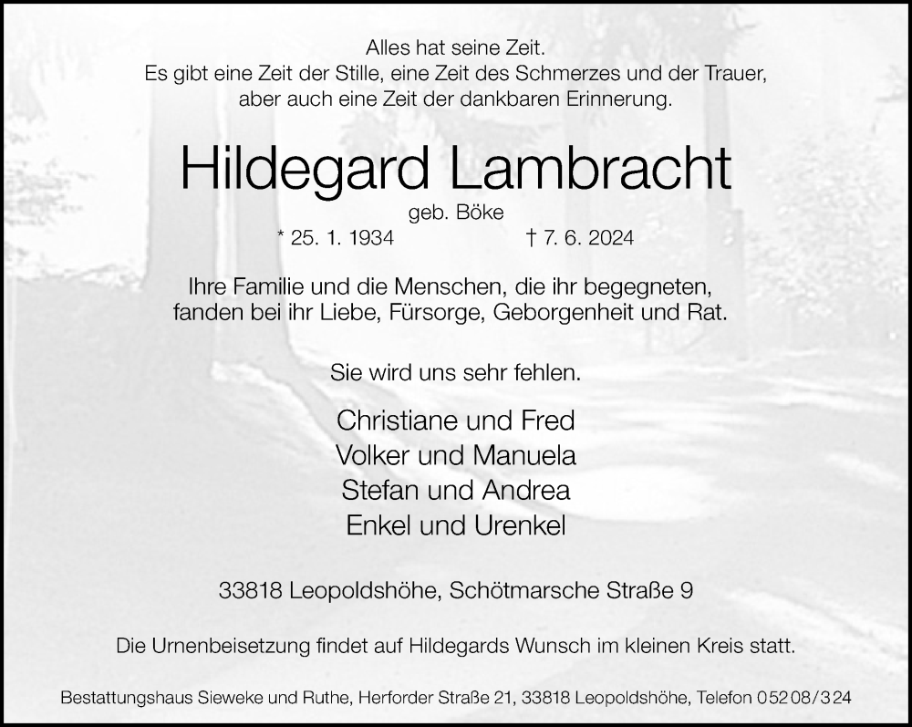  Traueranzeige für Hildegard Lambracht vom 15.06.2024 aus Neue Westfälische