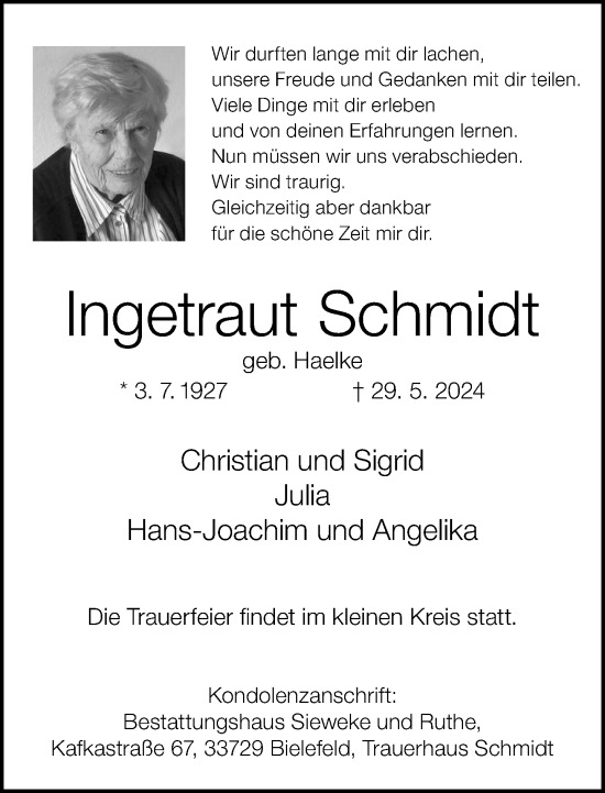 Traueranzeige von Ingetraut Schmidt von Neue Westfälische