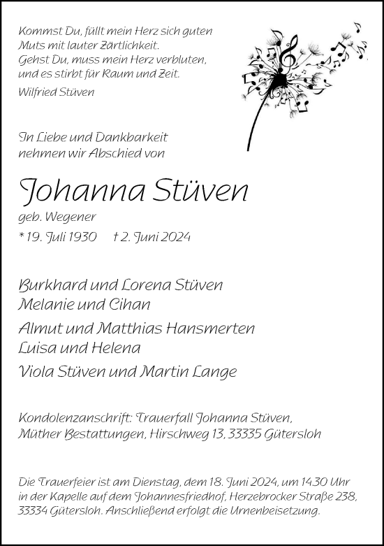 Traueranzeige von Johanna Stüven von Neue Westfälische