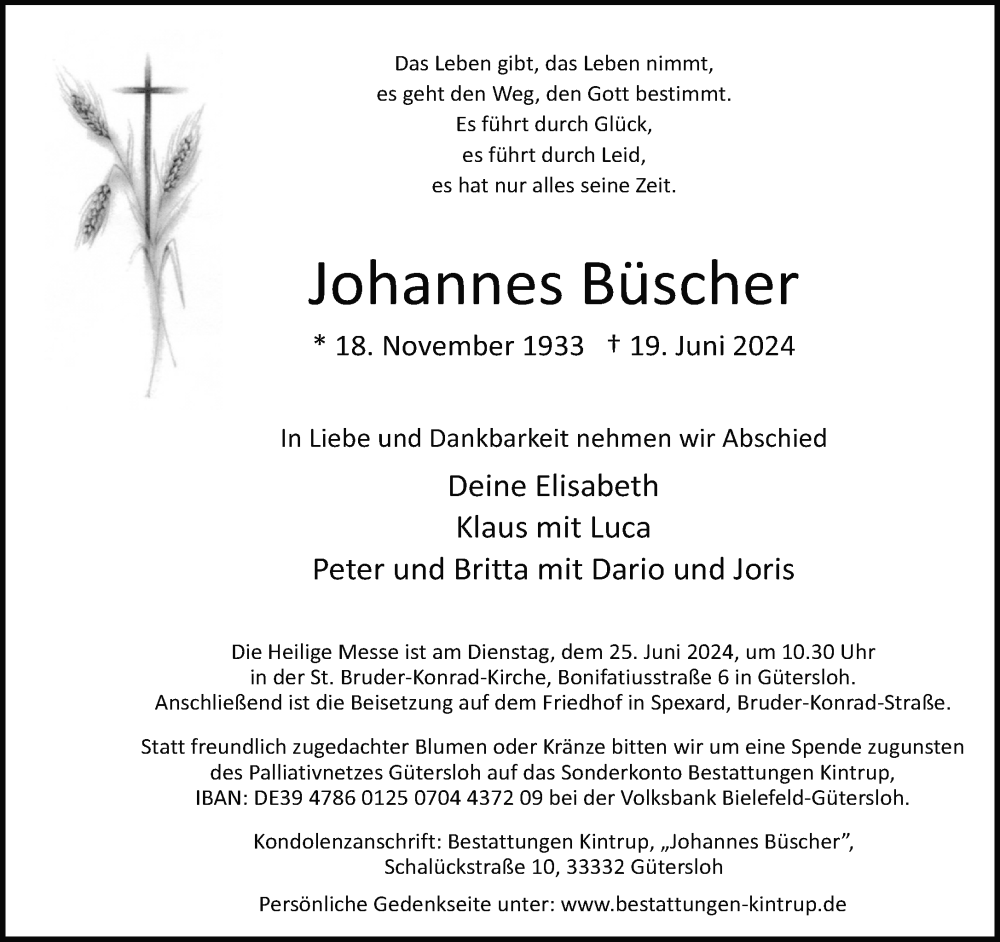  Traueranzeige für Johannes Büscher vom 22.06.2024 aus Neue Westfälische