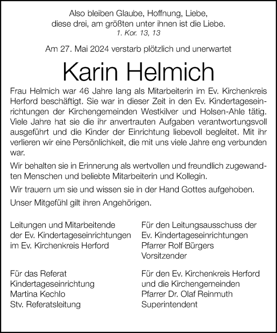 Traueranzeige von Karin Helmich von Neue Westfälische