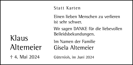 Traueranzeige von Klaus Altemeier von Neue Westfälische