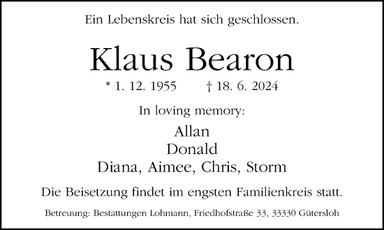 Traueranzeige von Klaus Bearon von Neue Westfälische