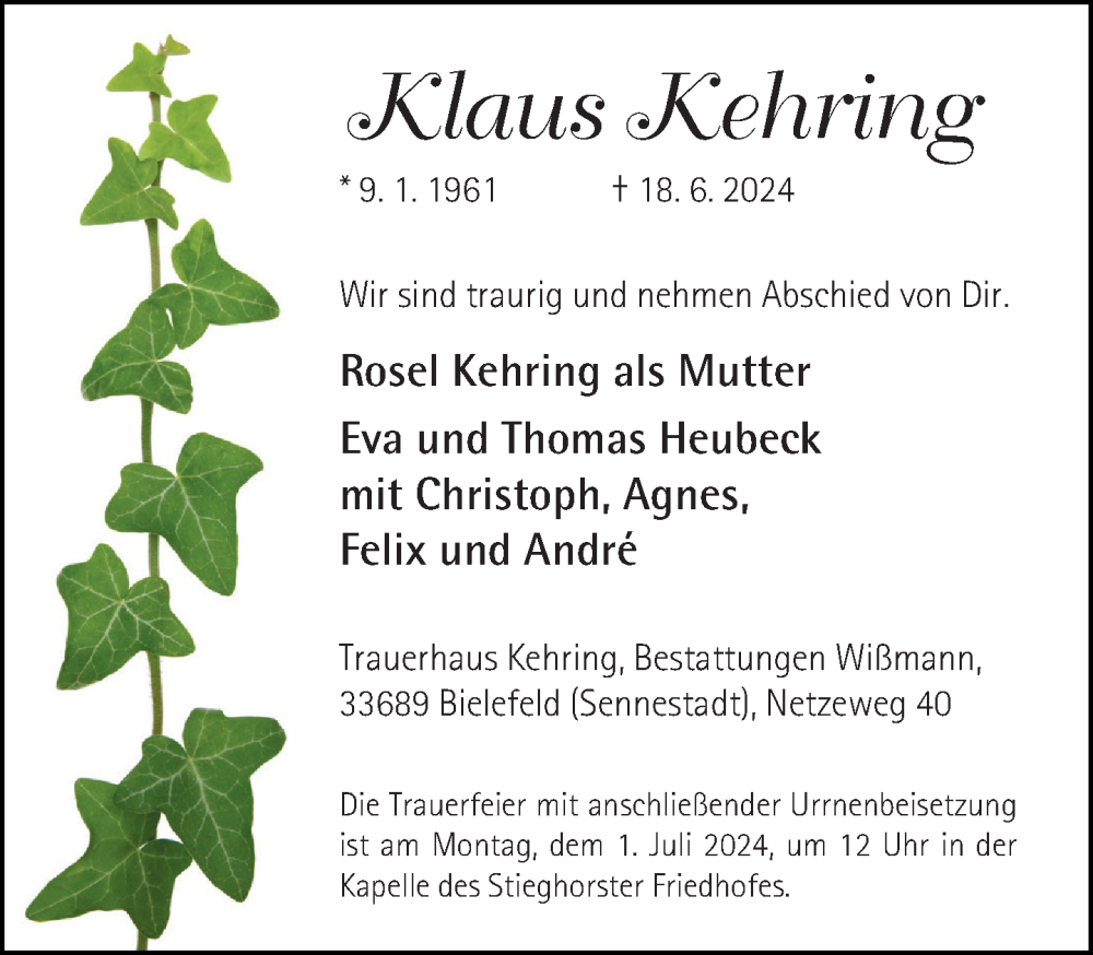  Traueranzeige für Klaus Kehring vom 22.06.2024 aus Neue Westfälische