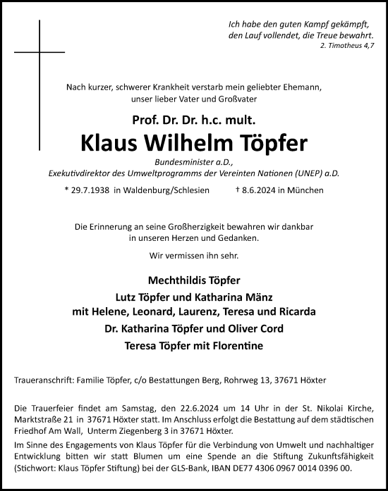 Traueranzeige von Klaus Wilhelm Töpfer von Neue Westfälische