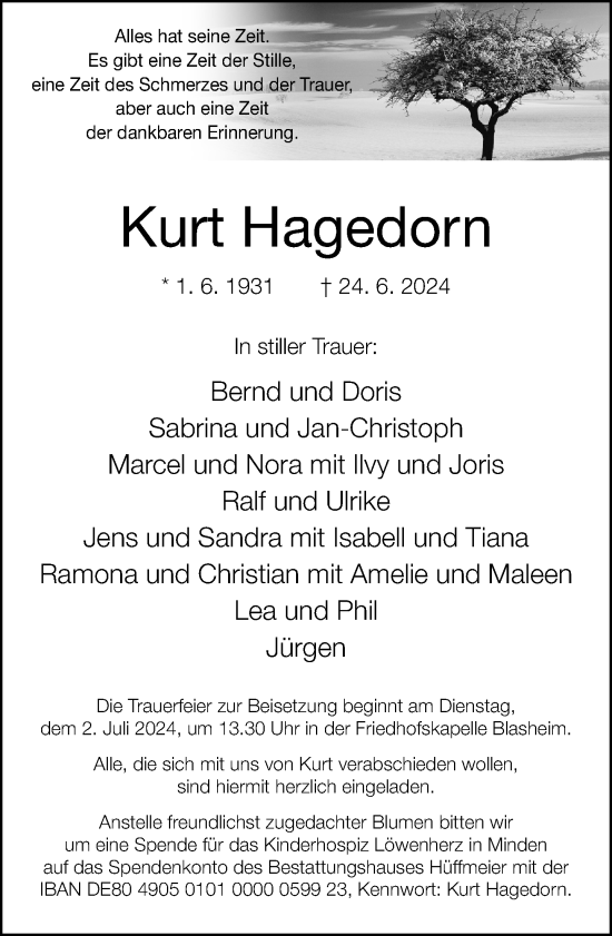 Traueranzeige von Kurt Hagedorn von Neue Westfälische