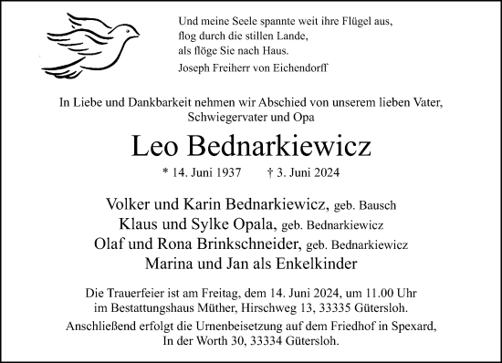Traueranzeige von Leo Bednarkiewicz von Neue Westfälische