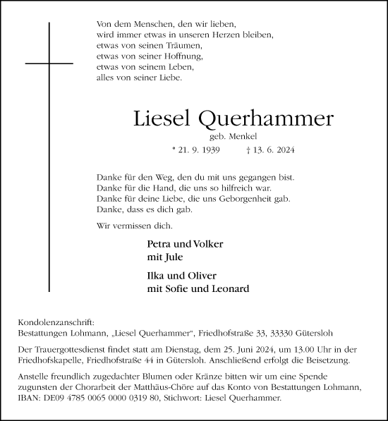 Traueranzeige von Liesel Querhammer von Neue Westfälische