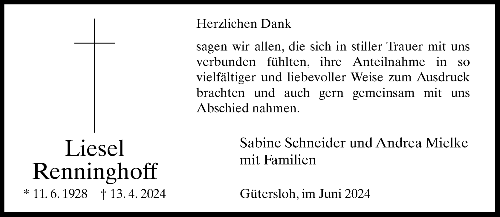  Traueranzeige für Liesel Renninghoff vom 01.06.2024 aus Neue Westfälische