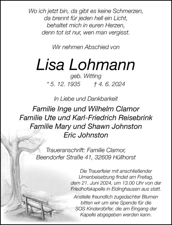 Traueranzeige von Lisa Lohmann von Neue Westfälische