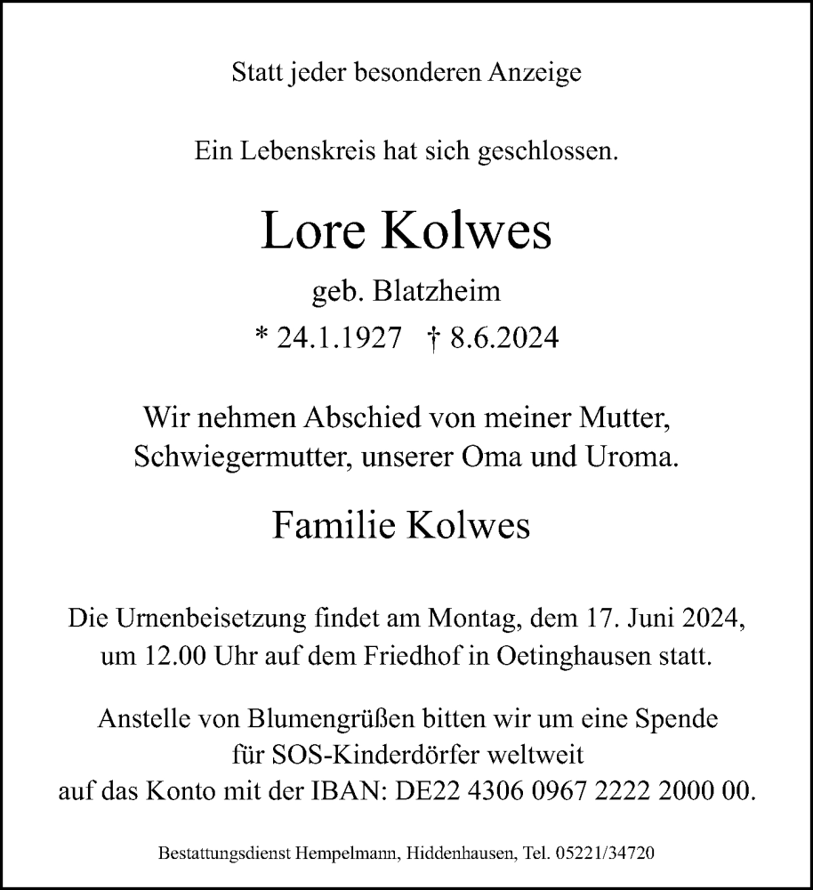  Traueranzeige für Lore Kolwes vom 12.06.2024 aus Neue Westfälische