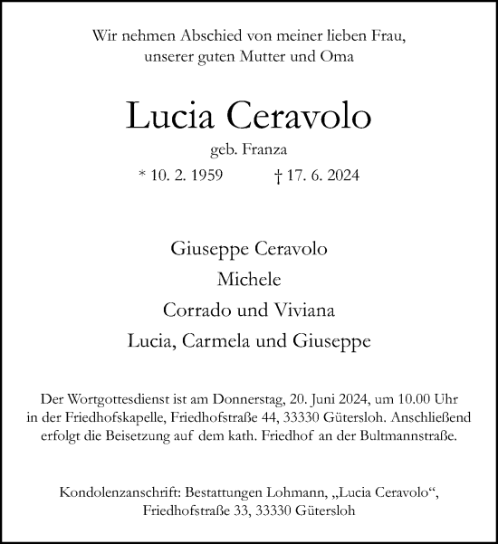 Traueranzeige von Lucia Ceravolo von Neue Westfälische