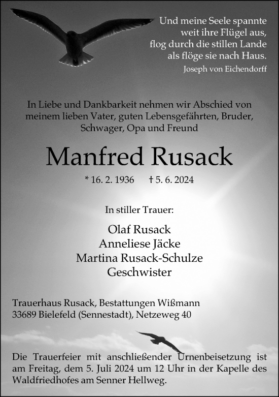 Traueranzeige von Manfred Rusack von Neue Westfälische