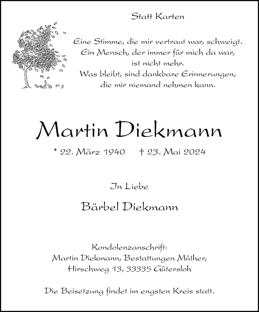  Traueranzeige für Martin Diekmann vom 01.06.2024 aus Neue Westfälische