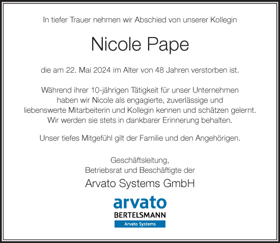 Traueranzeige von Nicole Pape von Neue Westfälische
