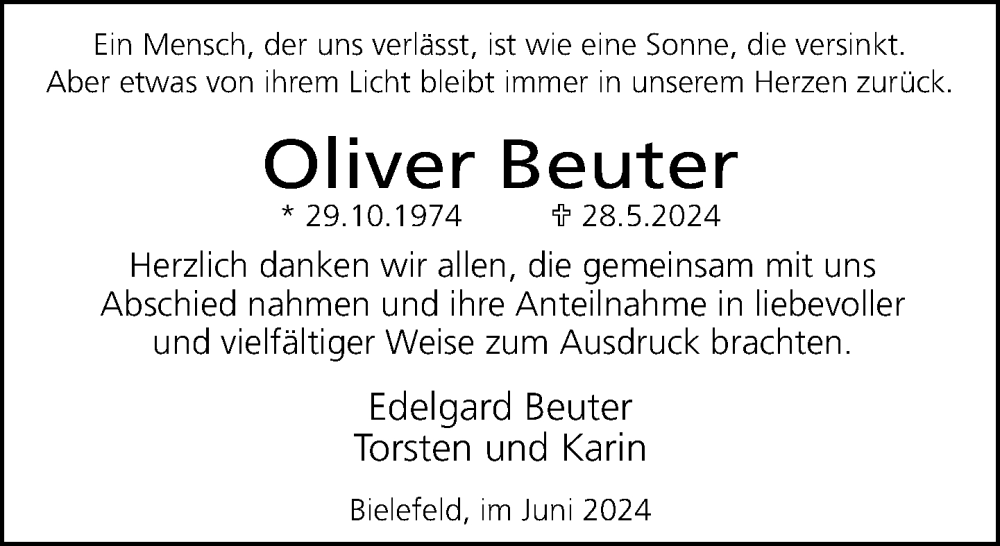  Traueranzeige für Oliver Beuter vom 29.06.2024 aus Neue Westfälische