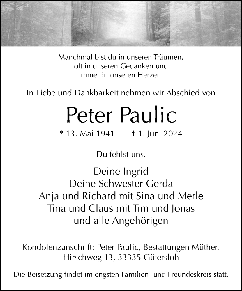  Traueranzeige für Peter Paulic vom 08.06.2024 aus Neue Westfälische