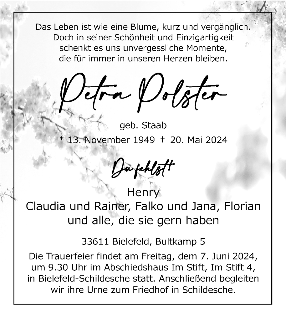  Traueranzeige für Petra Polster vom 01.06.2024 aus Neue Westfälische