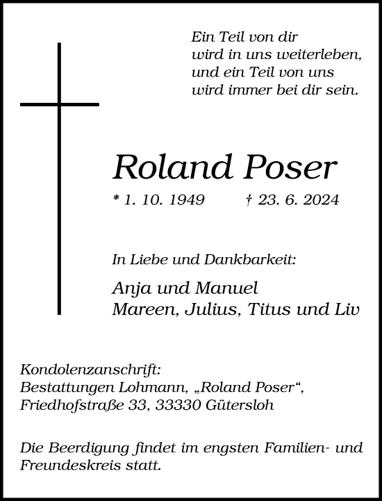 Traueranzeige von Roland Poser von Neue Westfälische