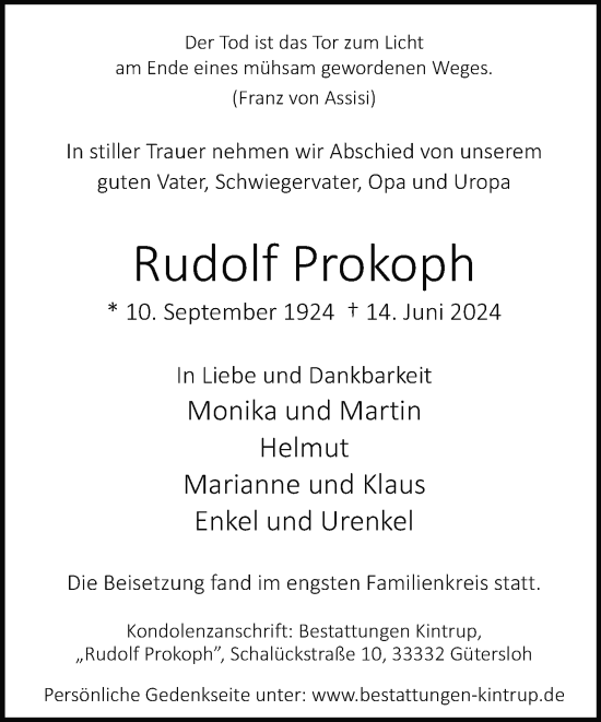 Traueranzeige von Rudolf Prokoph von Neue Westfälische